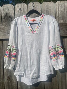 Vilagallo White Linen Tunic with Neon Floral Embroidery